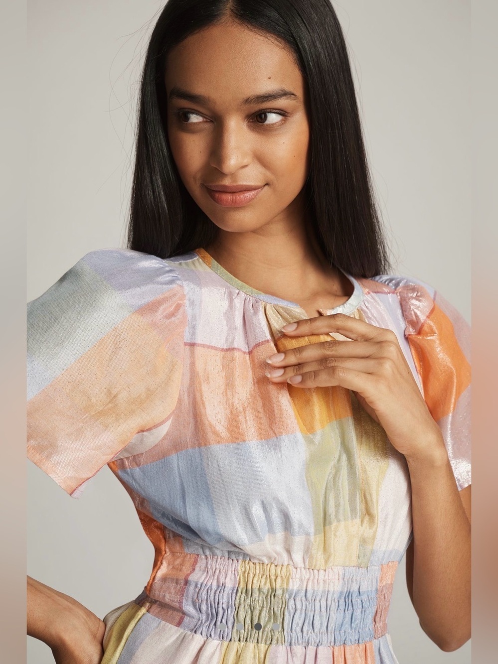 ANTHROPOLOGIE Multicolored Feminine Pastel Plaid Metallic Somerset Mini Dress 2X - Picture 4 of 11